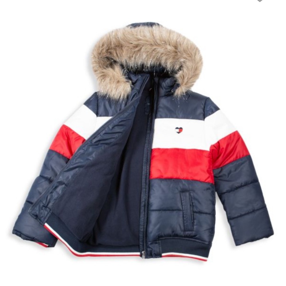 Tommy Hilfiger Faux Fur-Trim Colorblock Hooded Puffer Jacket Girls Size XL 16